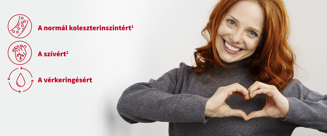 Natural Pharmaceuticals CholestControl Az infografika három ikont ábrázol, amelyeken egy mosolygó nő képe mellett egy szöveg magyarázza, hogy a szterolok támogatják az egészséges koleszterinszintet, az EPA és a DHA a szívműködést, a B6-vitamin pedig a vérkeringést.
